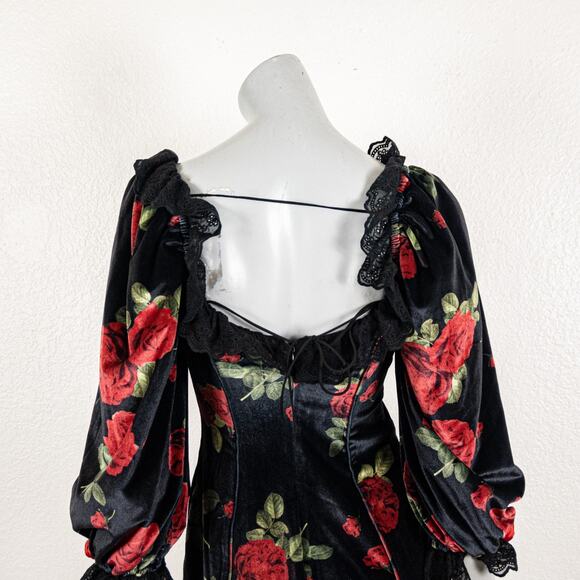 For Love & Lemons Yara Printed Velvet Mini Dress Black rose red size 2XS - Picture 11 of 13